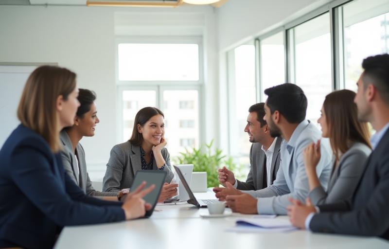Group of professionals in a bright meeting room discussing training strategies